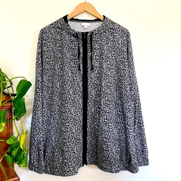 J. Jill Black White Aqua Ditsy Floral Full Zip Activewear Hoodie Jacket Size 3X - Picture 1 of 12